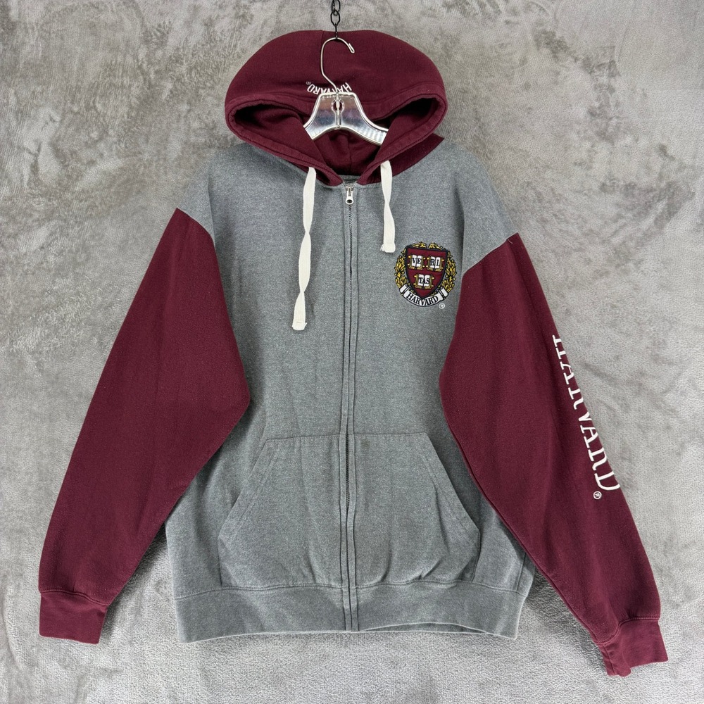 Harvard Hoodie Men L Gray Burgundy NCAA Full Zip Bay State Apparel EUC